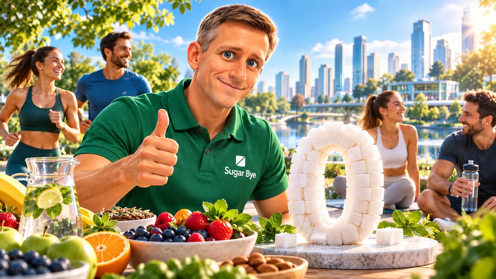 Outdoor picnic with fruit and a zero made of sugar cubes