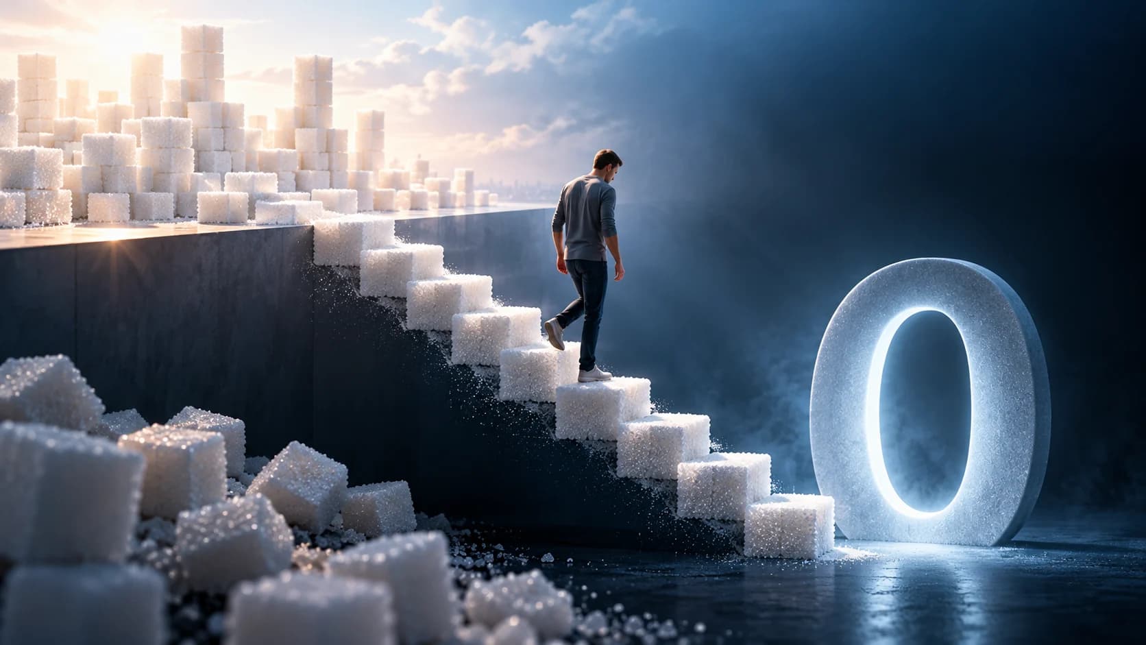 Sugar-cube stairs leading toward a glowing zero