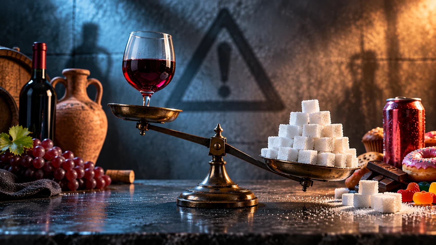 A balance scale comparing wine and sugar cubes