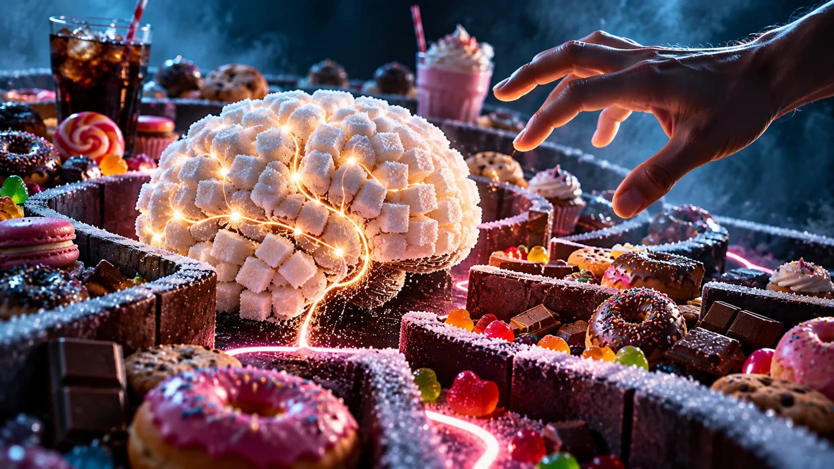 A brain-shaped maze surrounded by sweets