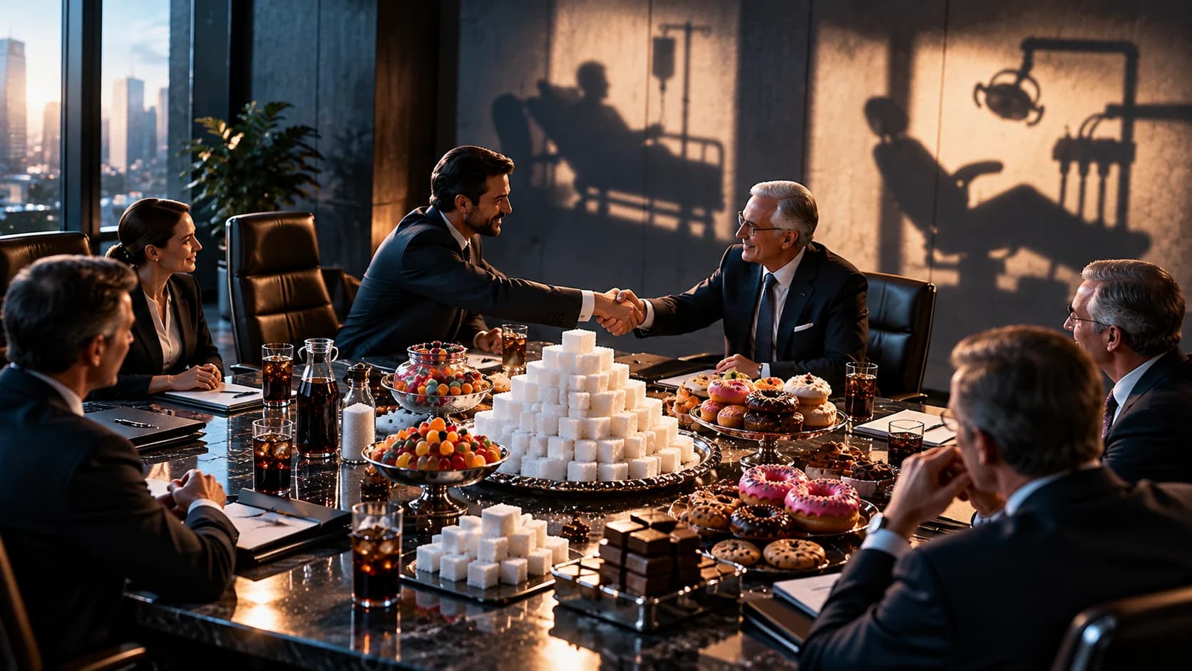 Business figures at a table covered with sugar cubes