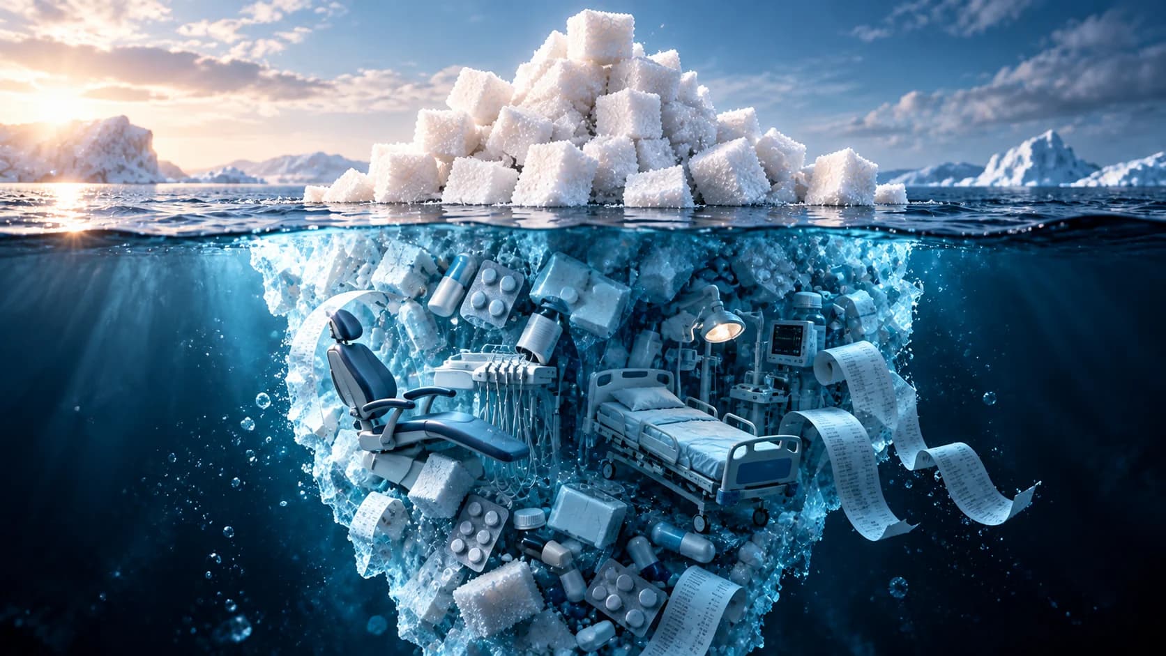 Sugar-cube iceberg with submerged health-related symbols