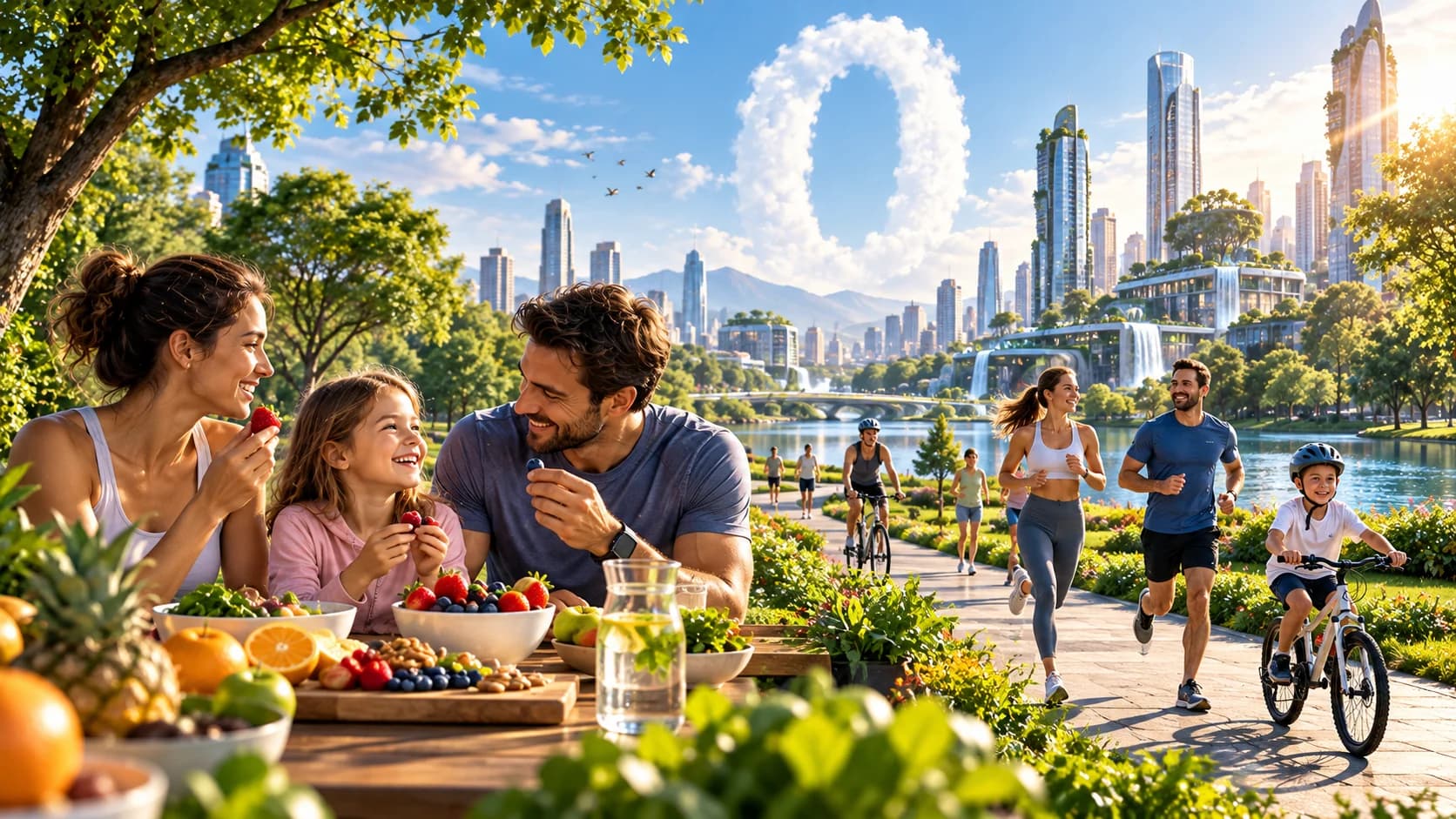 Breakfast and exercise in a city park