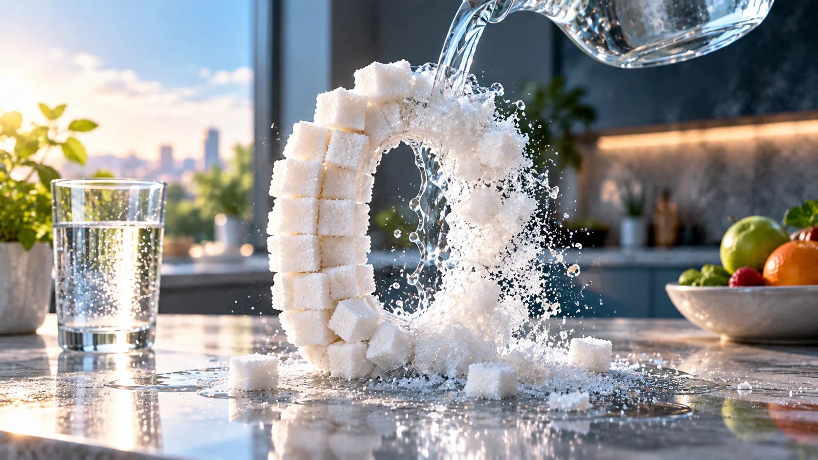 Sugar cubes dissolving beneath running water